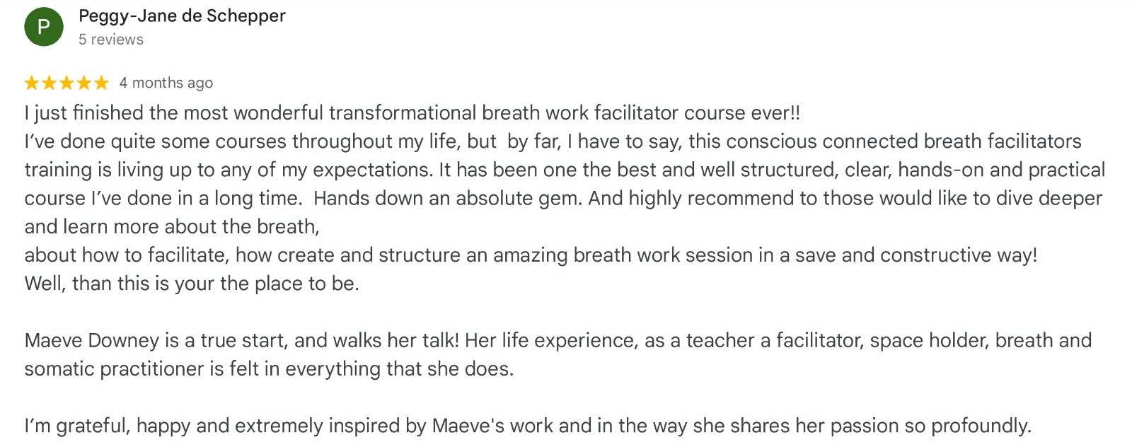 Five-star Google review of the Breath as a Bridge breathwork facilitator training