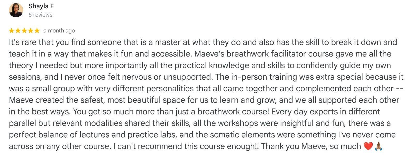 Google review praising Maeve Downey as a breathwork facilitator trainer