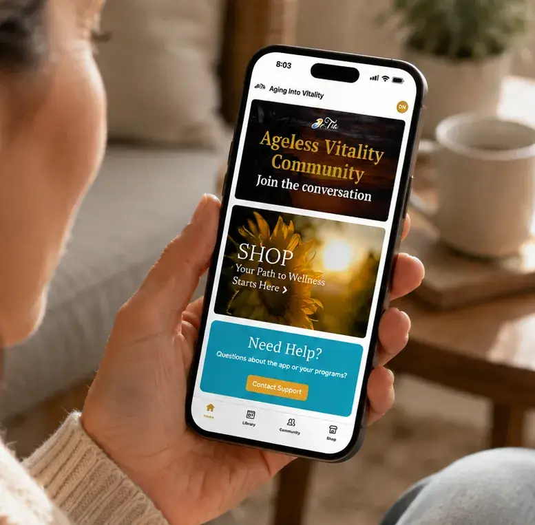 Woman using the Ageless Vitality Community app on her phone, highlighting easy access to wellness resources, support, and community through Aging Into Vitality®.