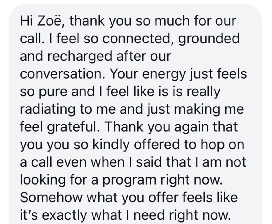 message from a client about feeling safe enough to be fully present