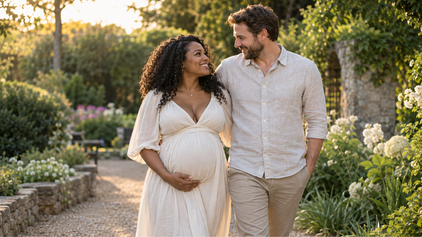 Expectant couple walking together in a garden, with their pregnant belly visible