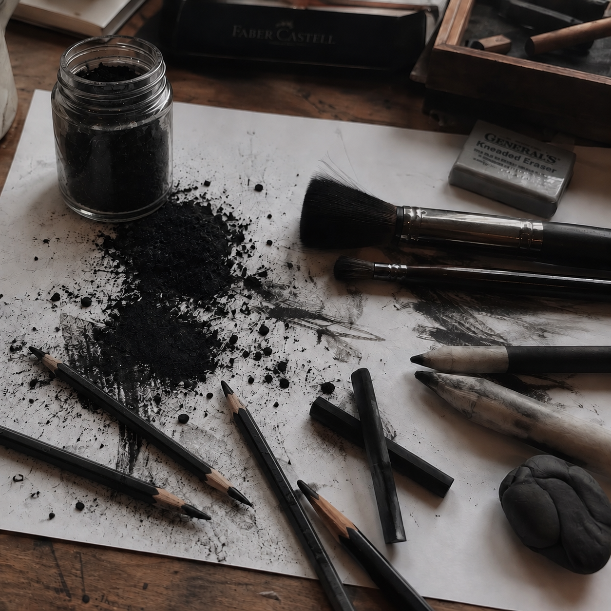 Charcoal portrait drawing materials