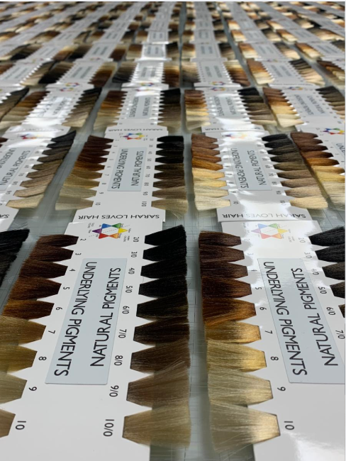 Physical ULP Chart beside colour bowls, tint brush, gloves and foils on a salon trolley