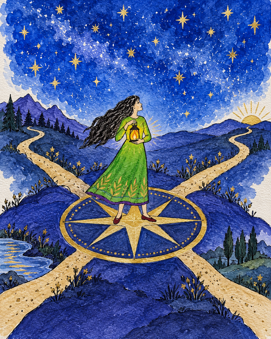 A woman holding a glowing lantern while standing at the center of four paths beneath a blue and gold sky