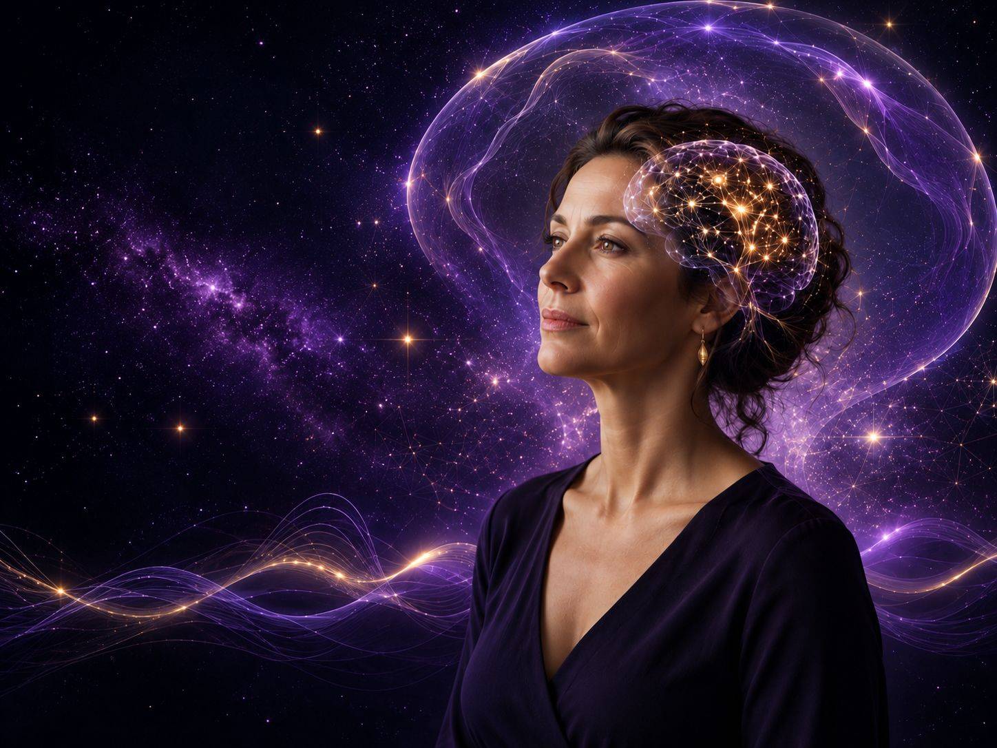 Observer consciousness visual with an illuminated brain, awareness field, and purple-gold neural energy