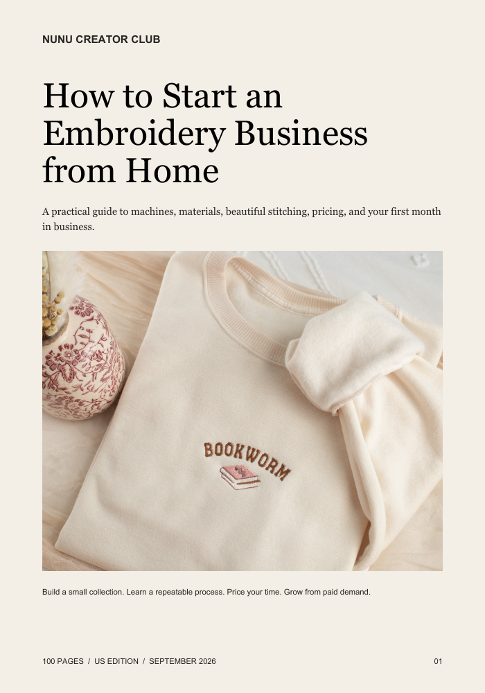 How to Start an Embroidery Business from Home ebook cover by NUNU CREATOR CLUB