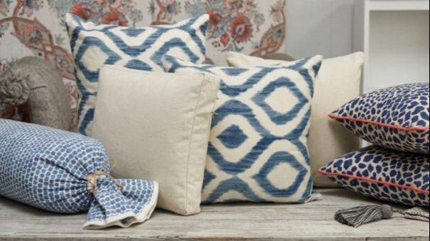 Blue and cream designer pillow styles featured in the Designer Pillow Making workshop