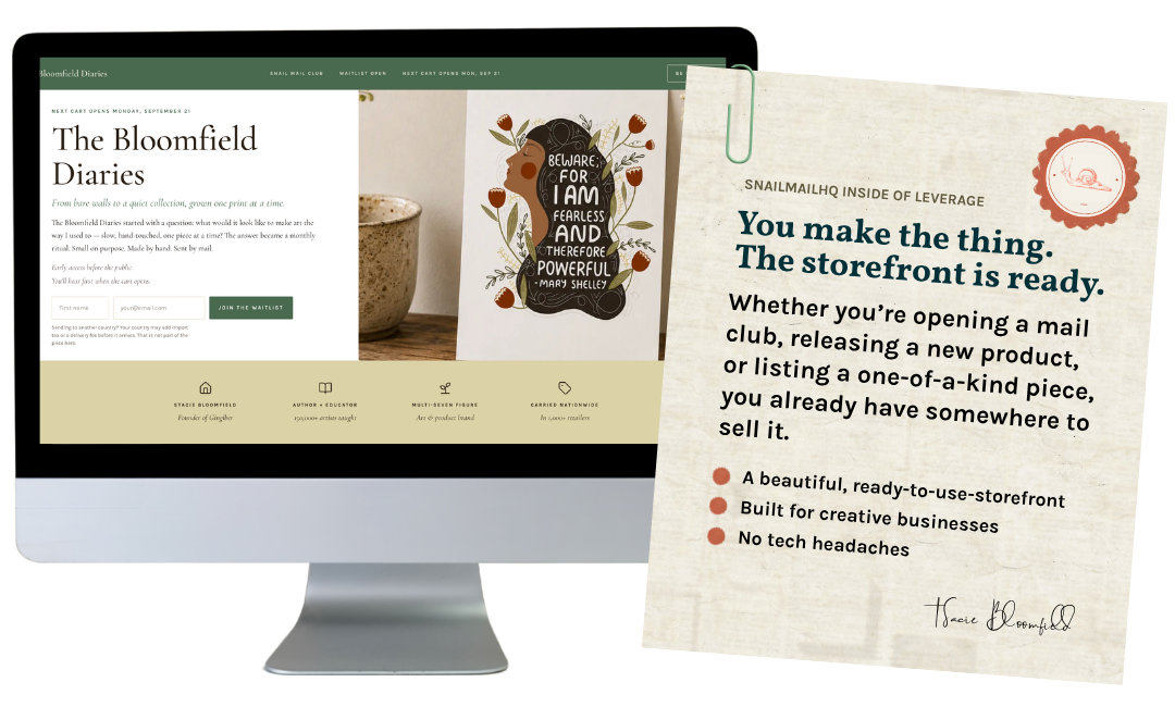 The SnailMailHQ storefront on a desktop screen