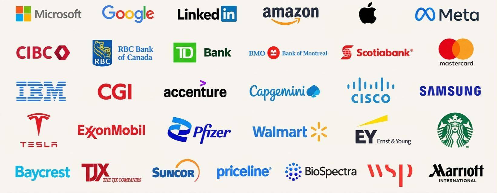 Client results graphic featuring employer logos from major companies.
