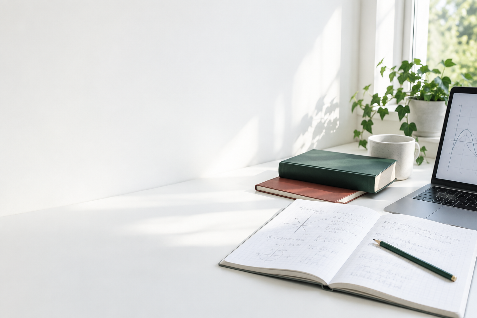 A bright study desk with a notebook, books and a laptop