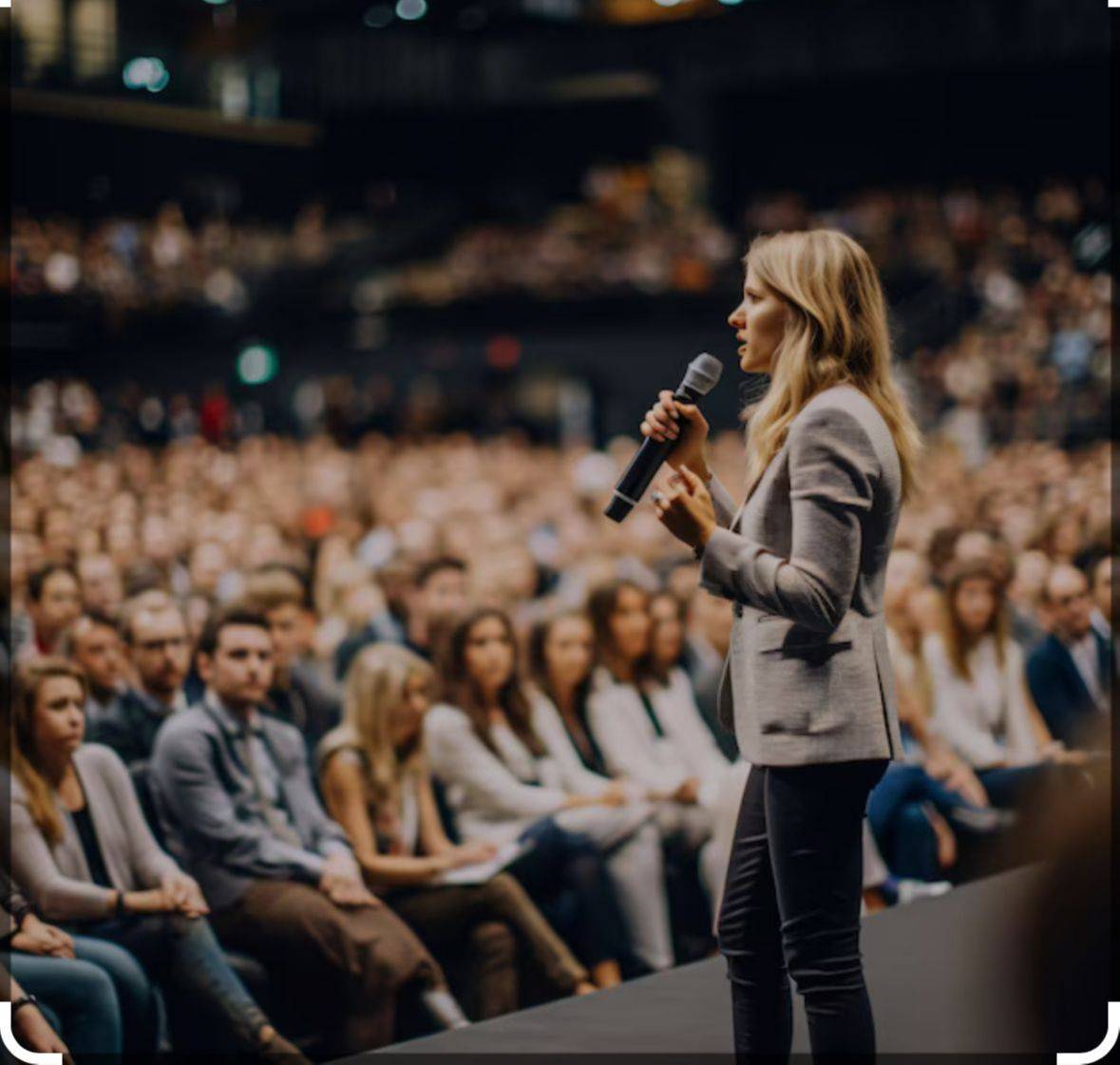 A confident executive presenting to her leadership team