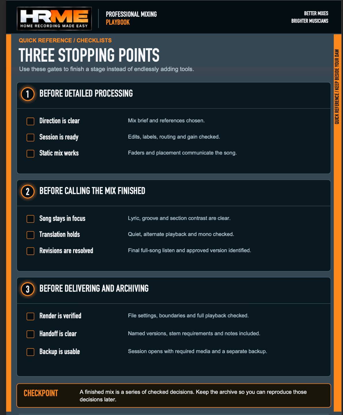 Three stopping points checklist from the Professional Mixing Playbook