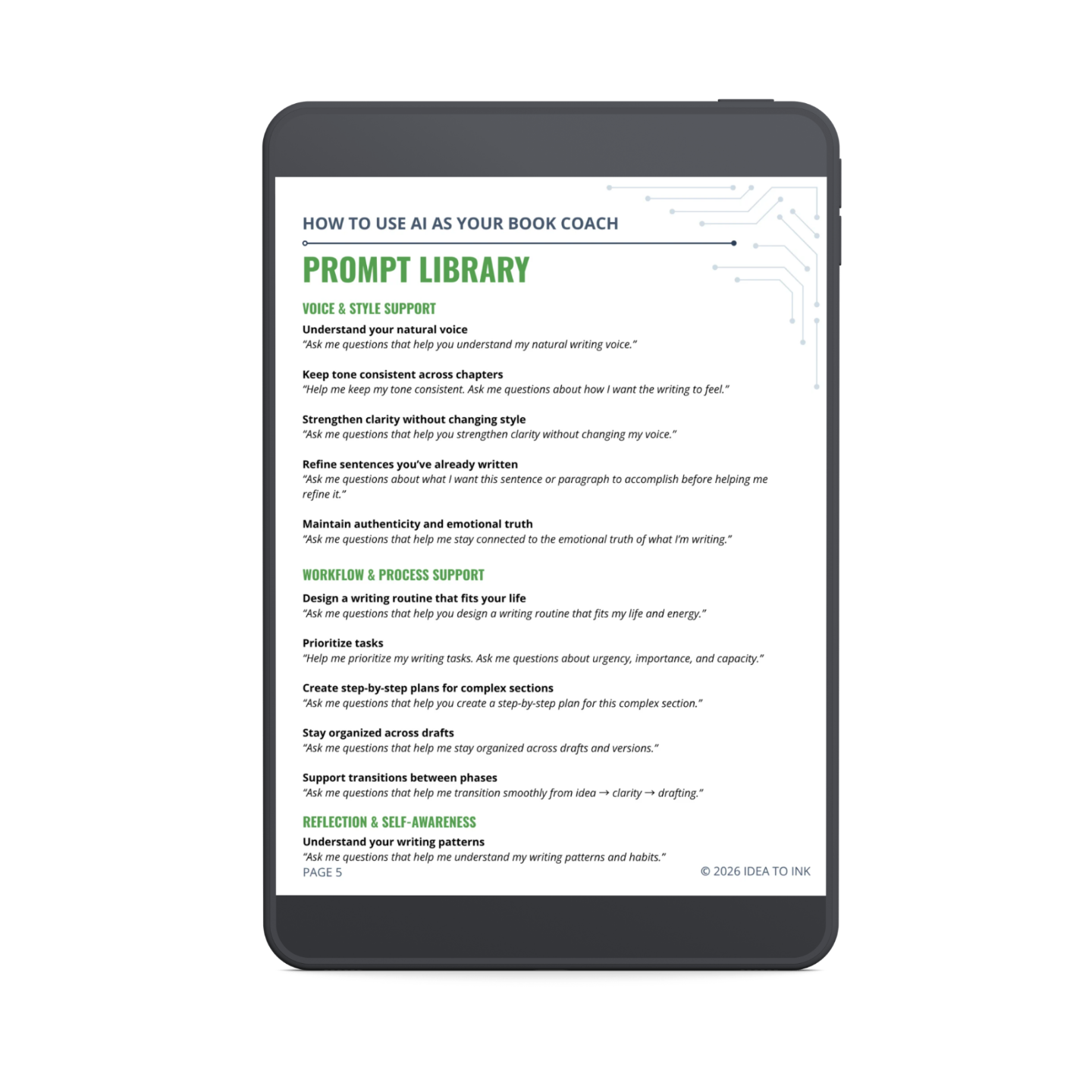 tablet computer displaying a page of prompts 
