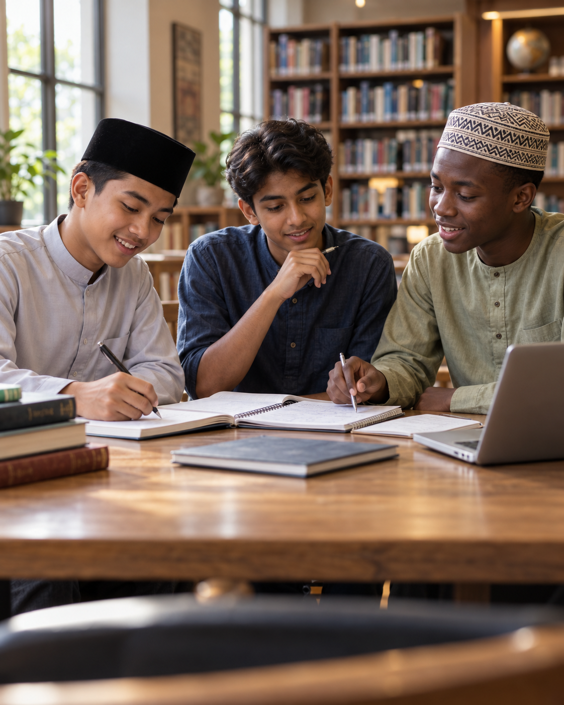 Three young Muslim boys working on their goals together