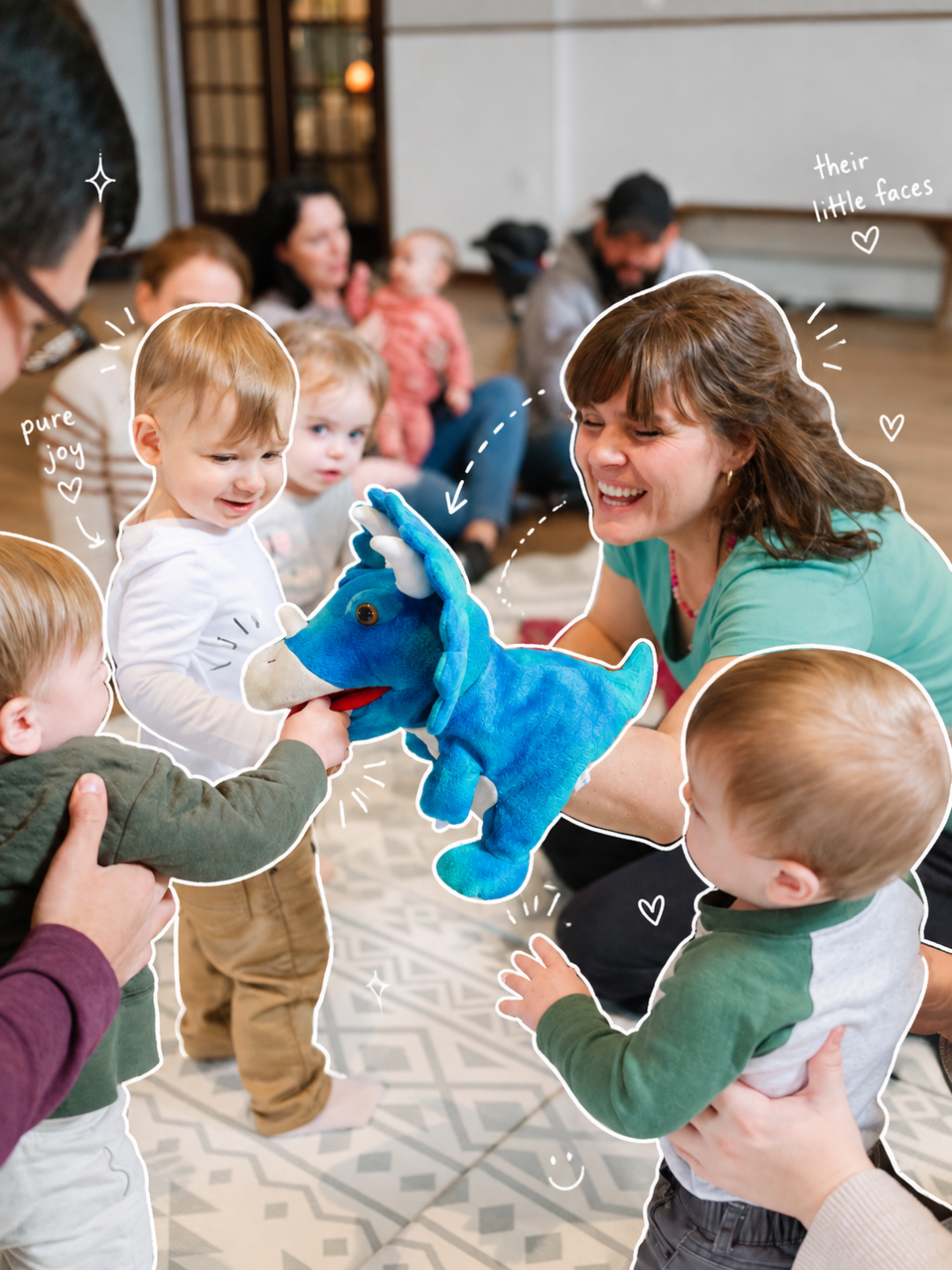 Happy Talk instructor with toddlers and a dinosaur puppet