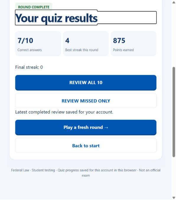 Current completed quiz results with Review All 10 and Review Missed Only buttons.