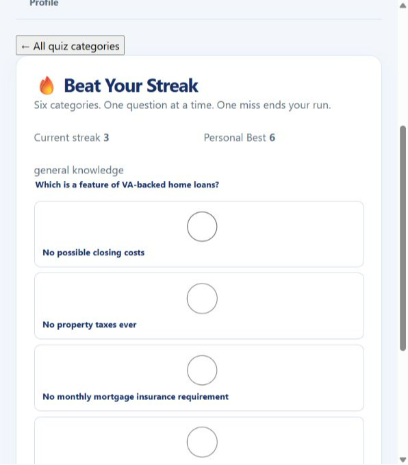 Current Beat Your Streak screen showing current streak, Personal Best and a mortgage knowledge question.