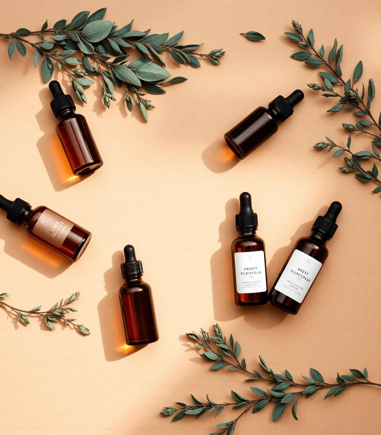 Amber apothecary bottles and botanicals