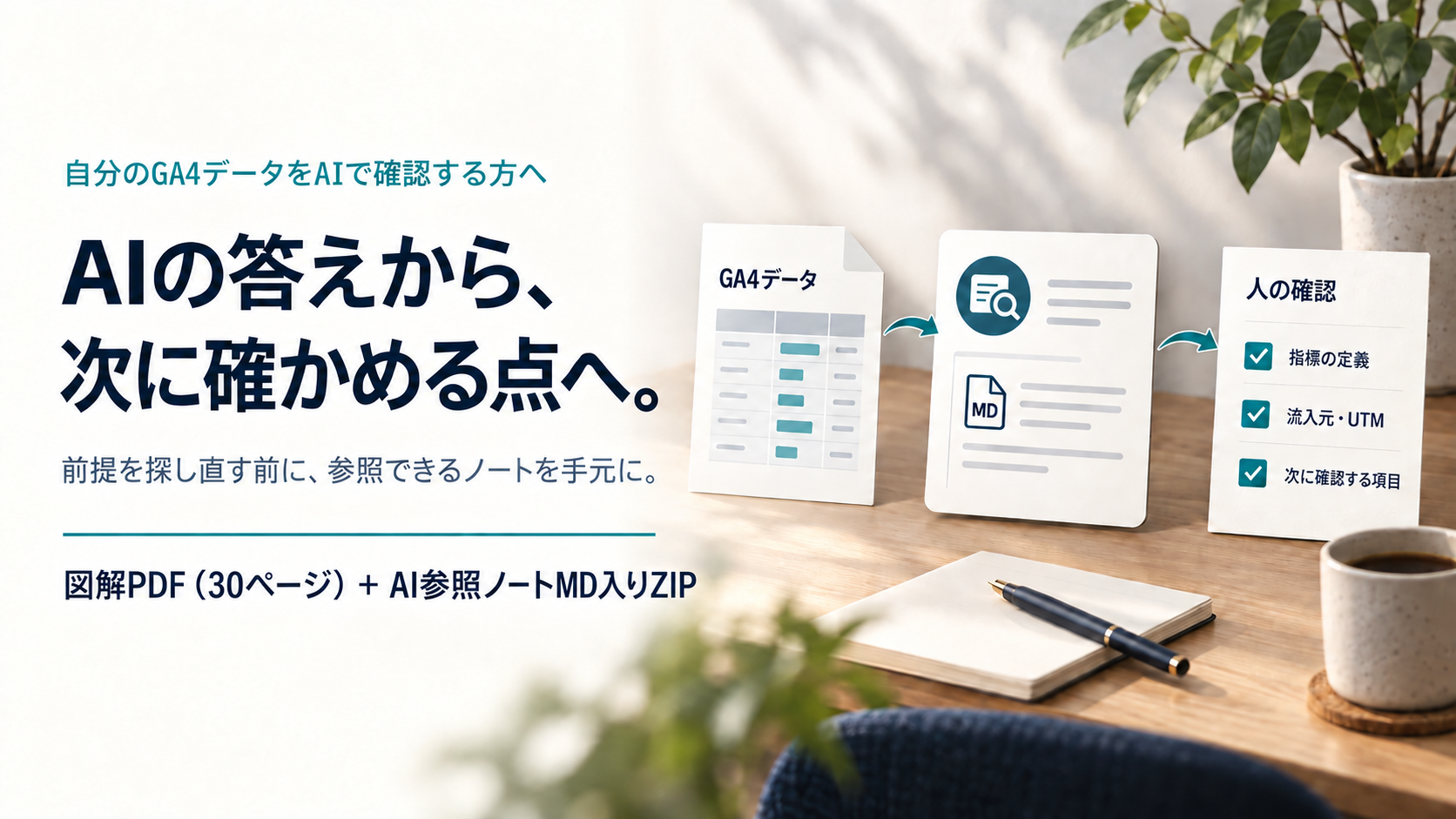 自分のGA4データをAIに渡し、MDノートを参照し、指標の定義・流入元・次の確認点を人が確かめる使い方のイメージ