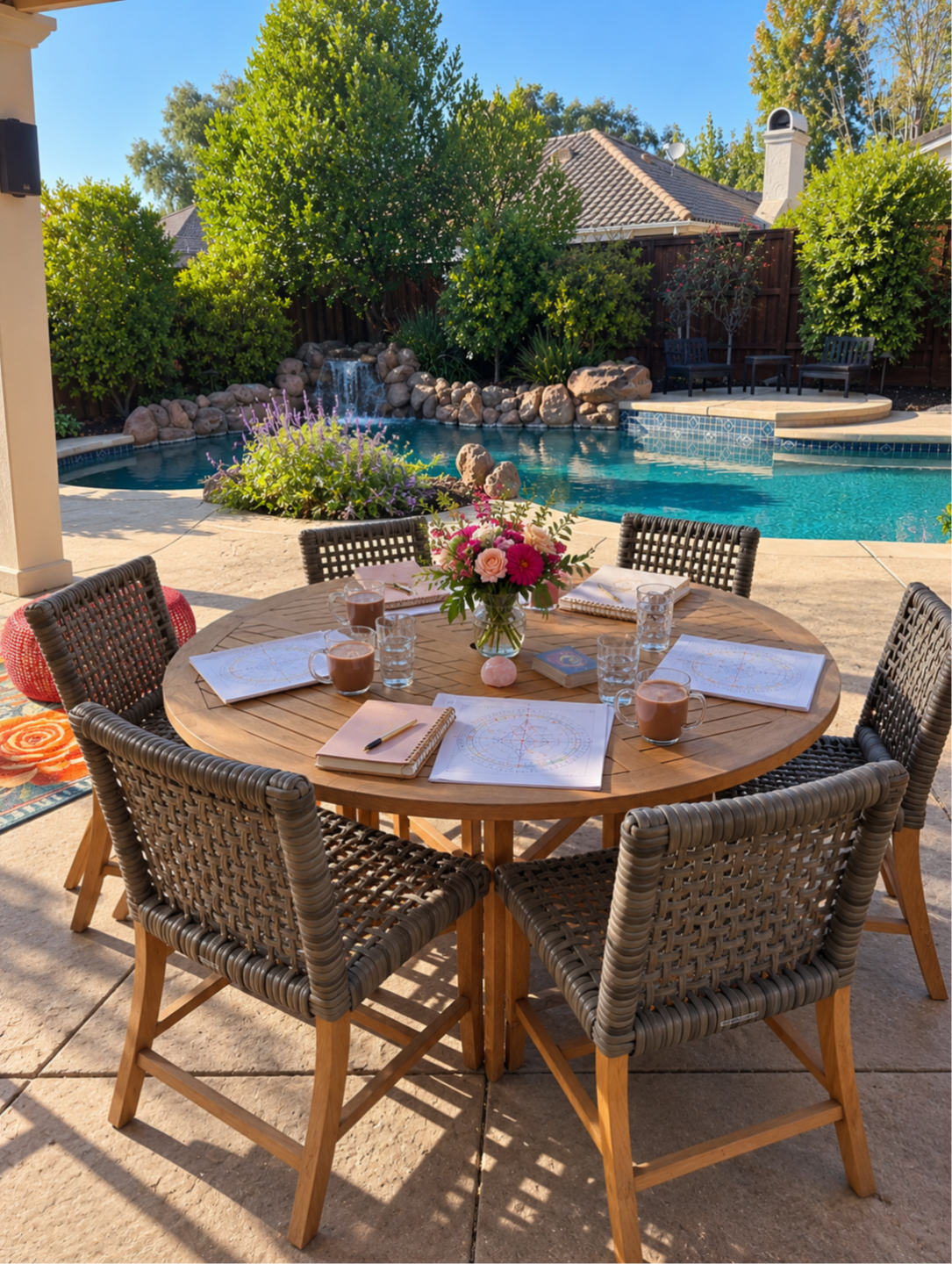 An outdoor table set for four beside the pool, with flowers, journals, charts and mugs of cocoa