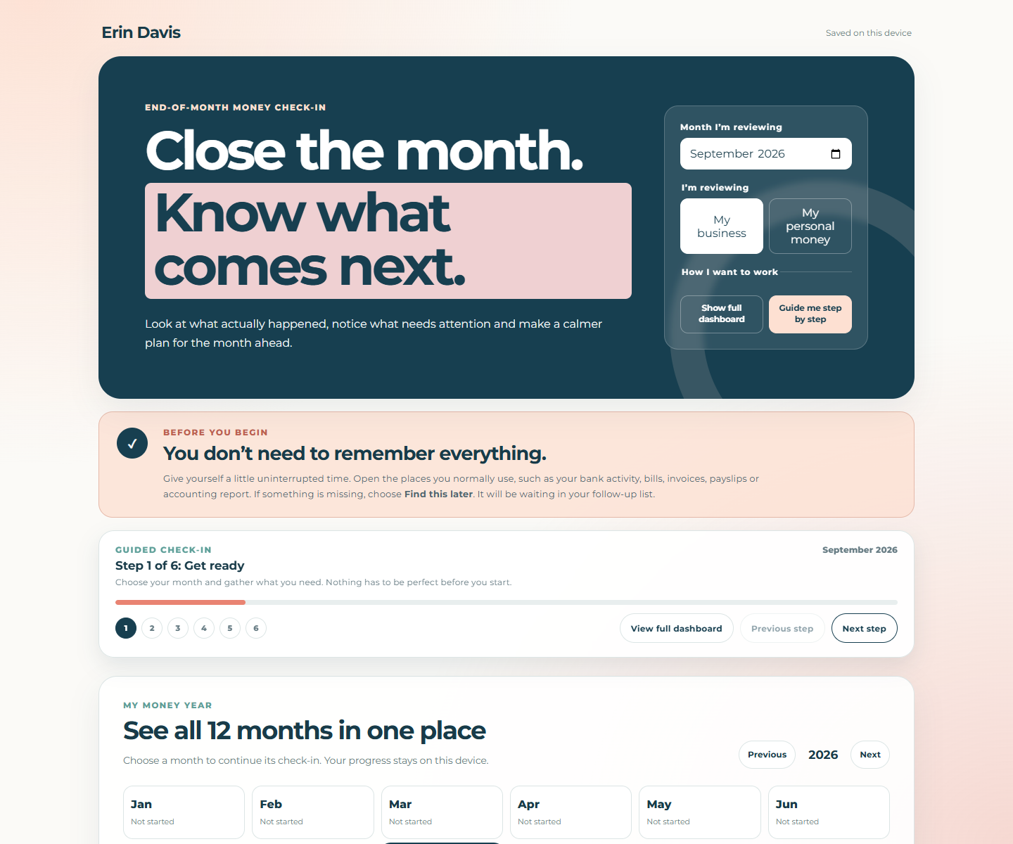 Preview of the End-of-Month Money Check-In dashboard showing the guided review and 12-month view