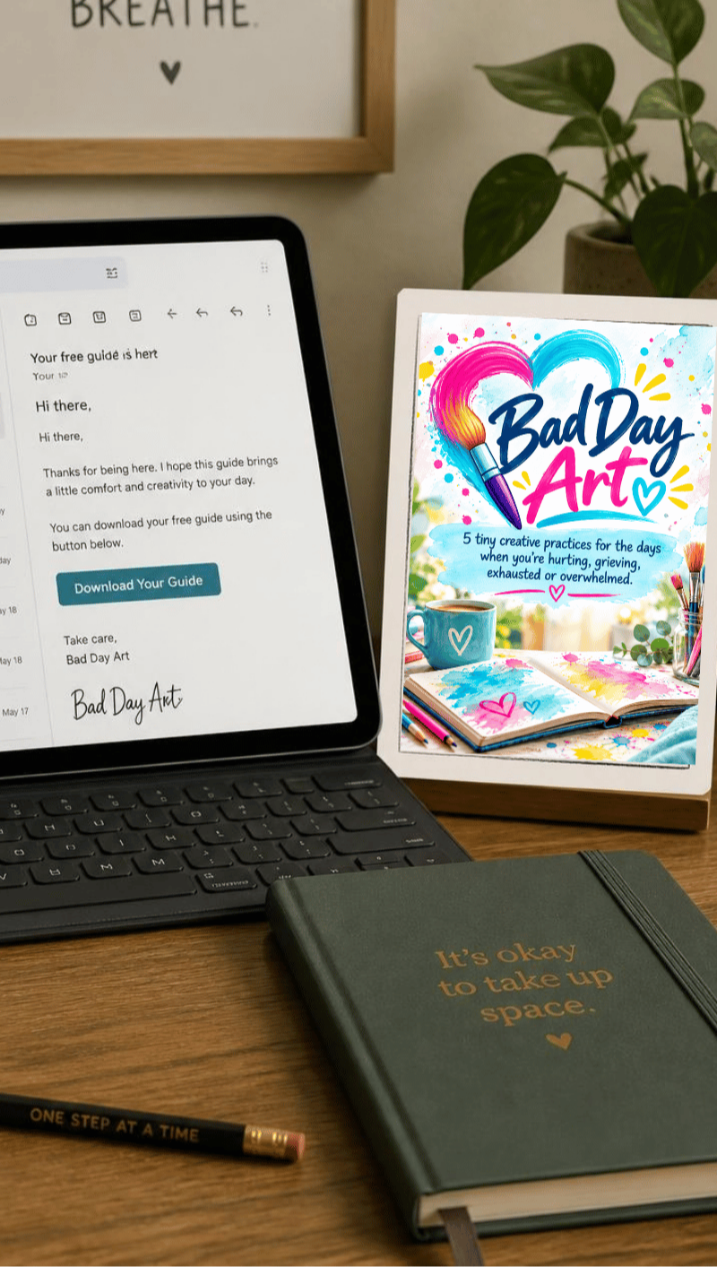 email open & tablet open to title page of Bad Day Art by Barbara Lynn Burns