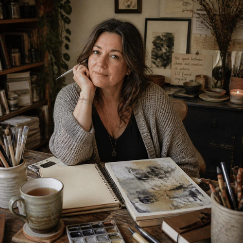 woman facing camera sitting with art supplies & artwork on the table