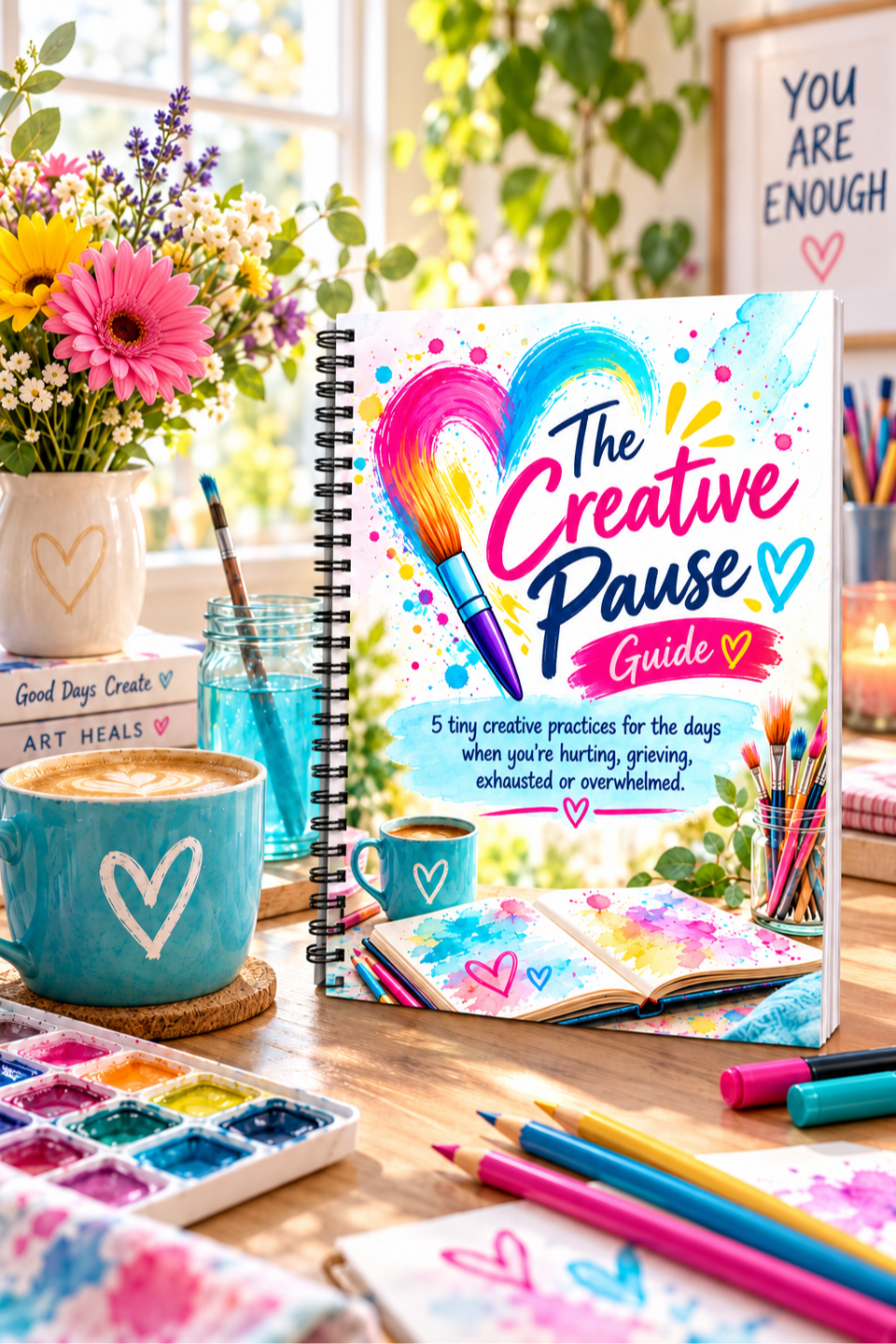 The Creative Pause Guide by Barbara Lynn Burns on tabletop with art supplies
