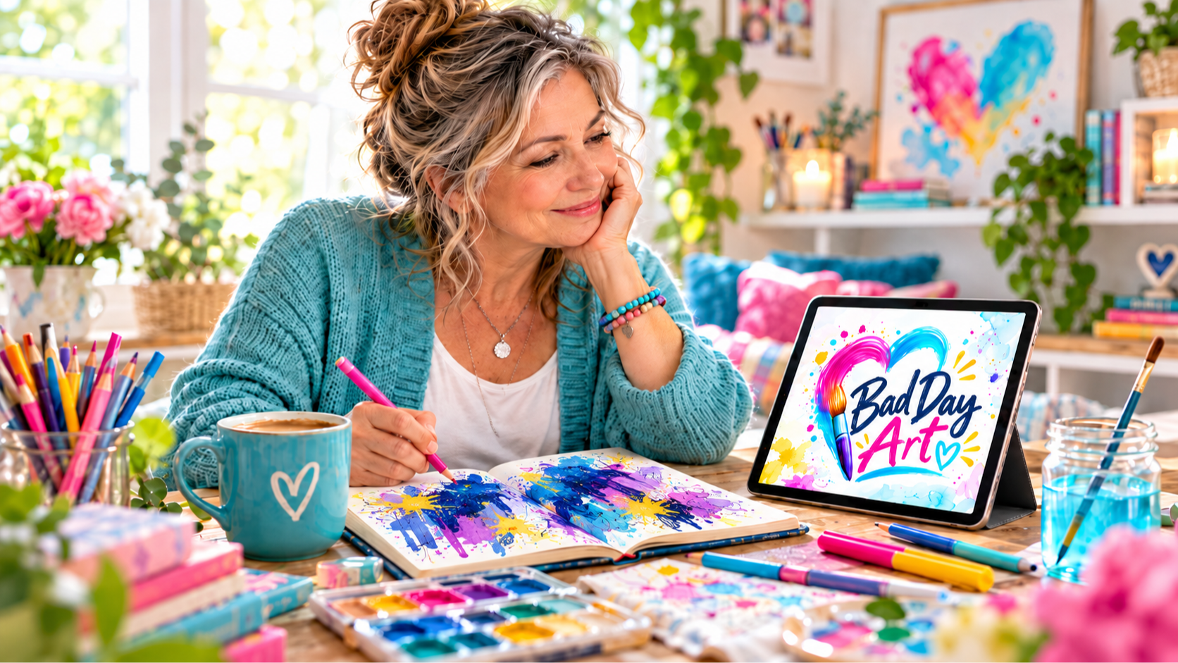 woman at table with journal and abstract image while doing Bad Day Art on her iPad