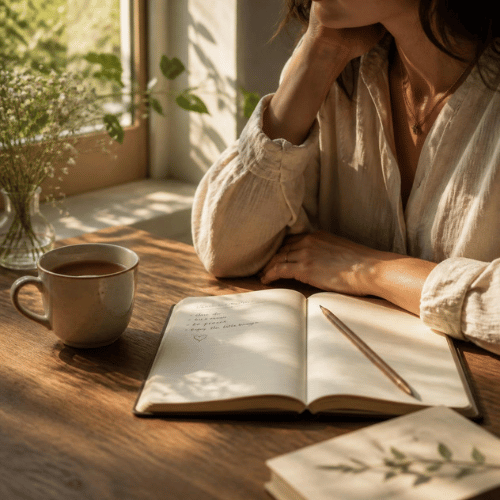 crop-shot of woman looking out of a window pausing before she writes in her journal