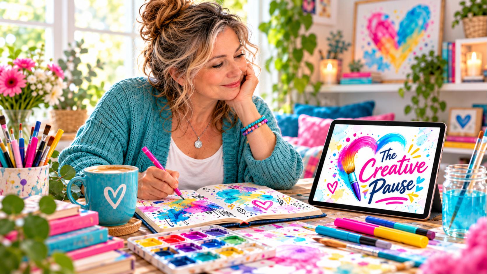 woman at table with journal and abstract image while doing Bad Day Art on her iPad