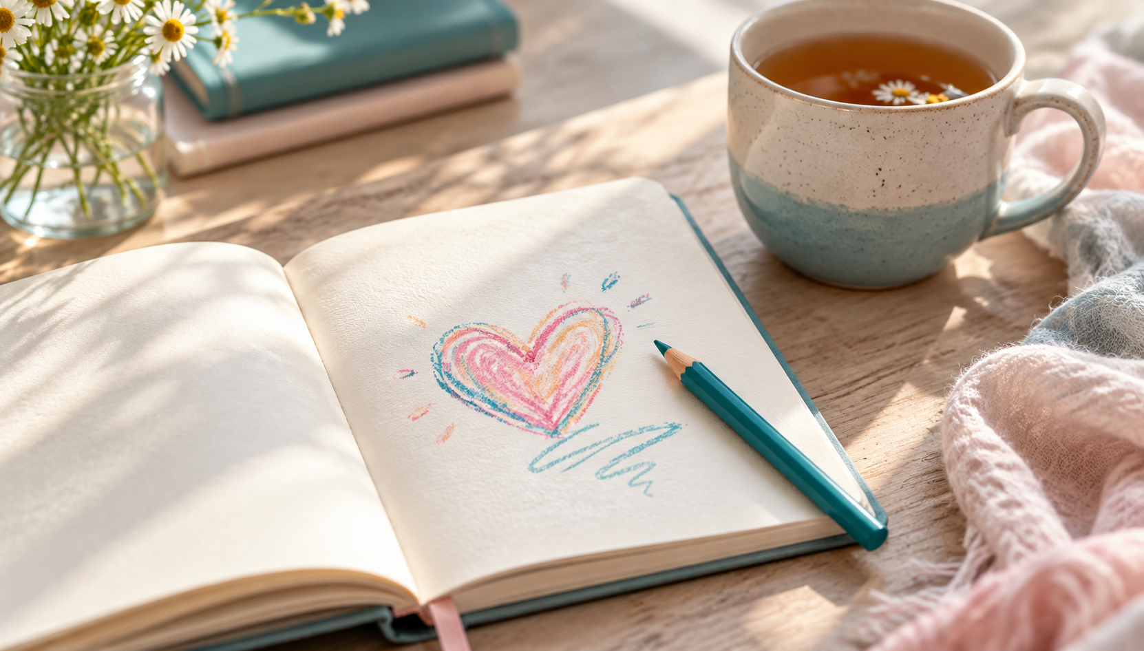 table with journal open, scribbled heat and lines, with a cup of tea
