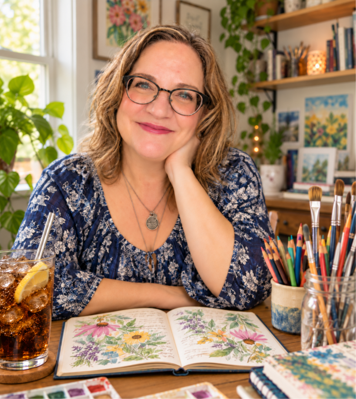 Barbara Lynn Burns journal opened on table with botanicals