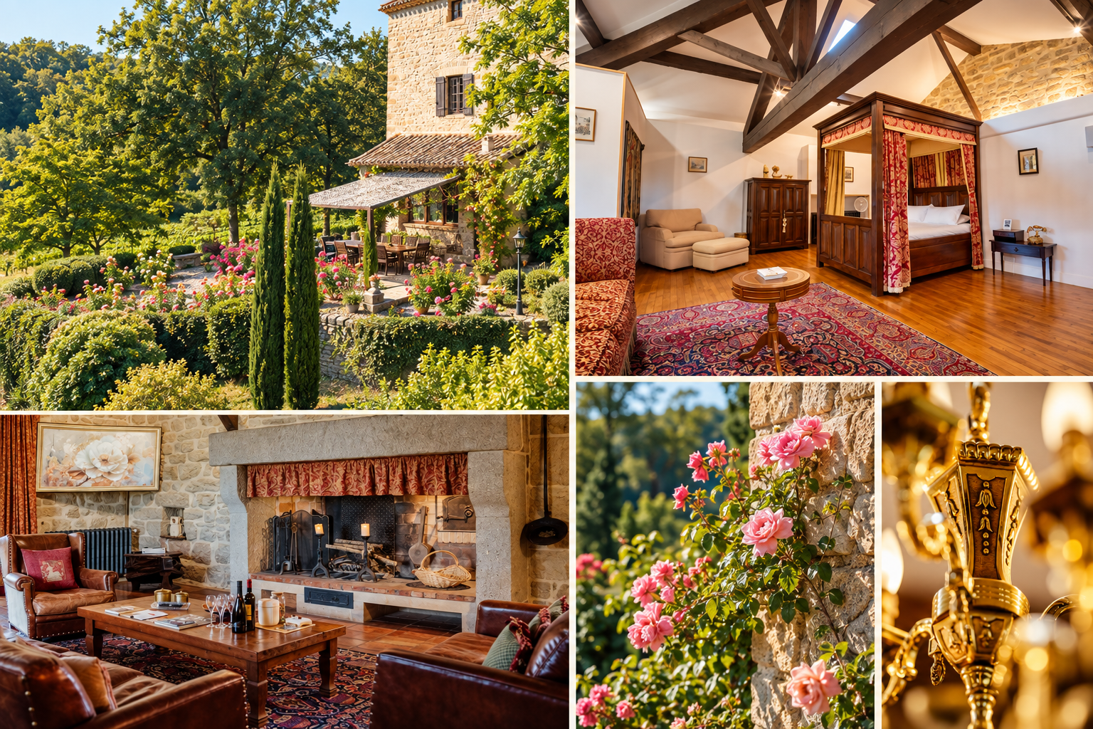 A glimpse inside the château: rose gardens, a canopy room, a warm fireplace and gilded details