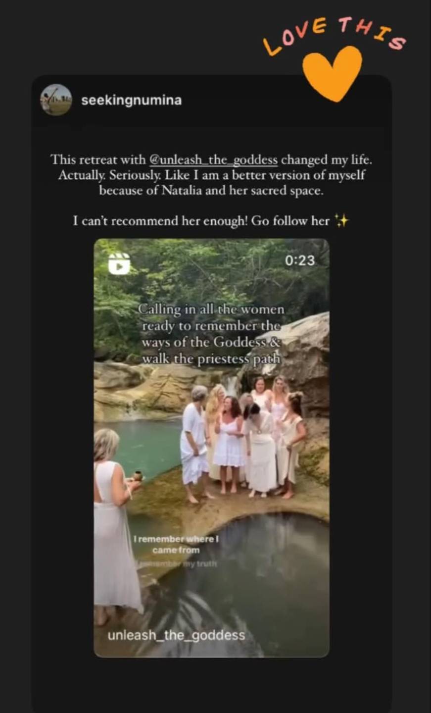 Original black-background Instagram story from @seekingnumina recommending Natalia and describing the lasting impact of her retreat