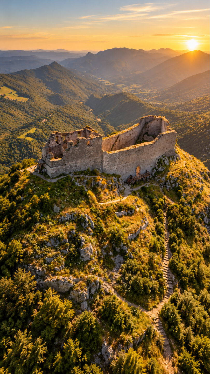 Montségur fortress and the surrounding mountains at golden hour