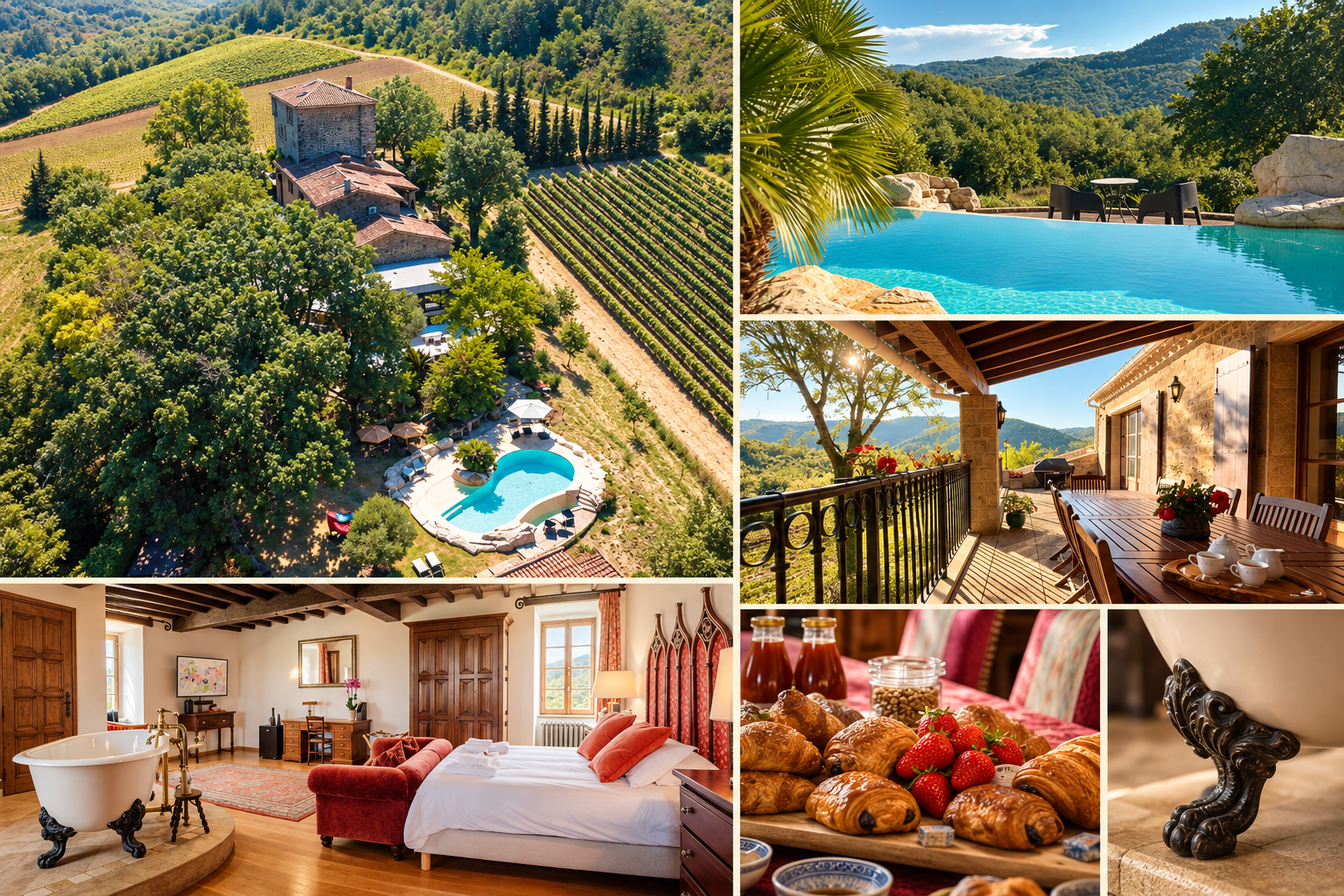 Château life: stone architecture, pool, terrace dining, a beautiful suite and breakfast in the light