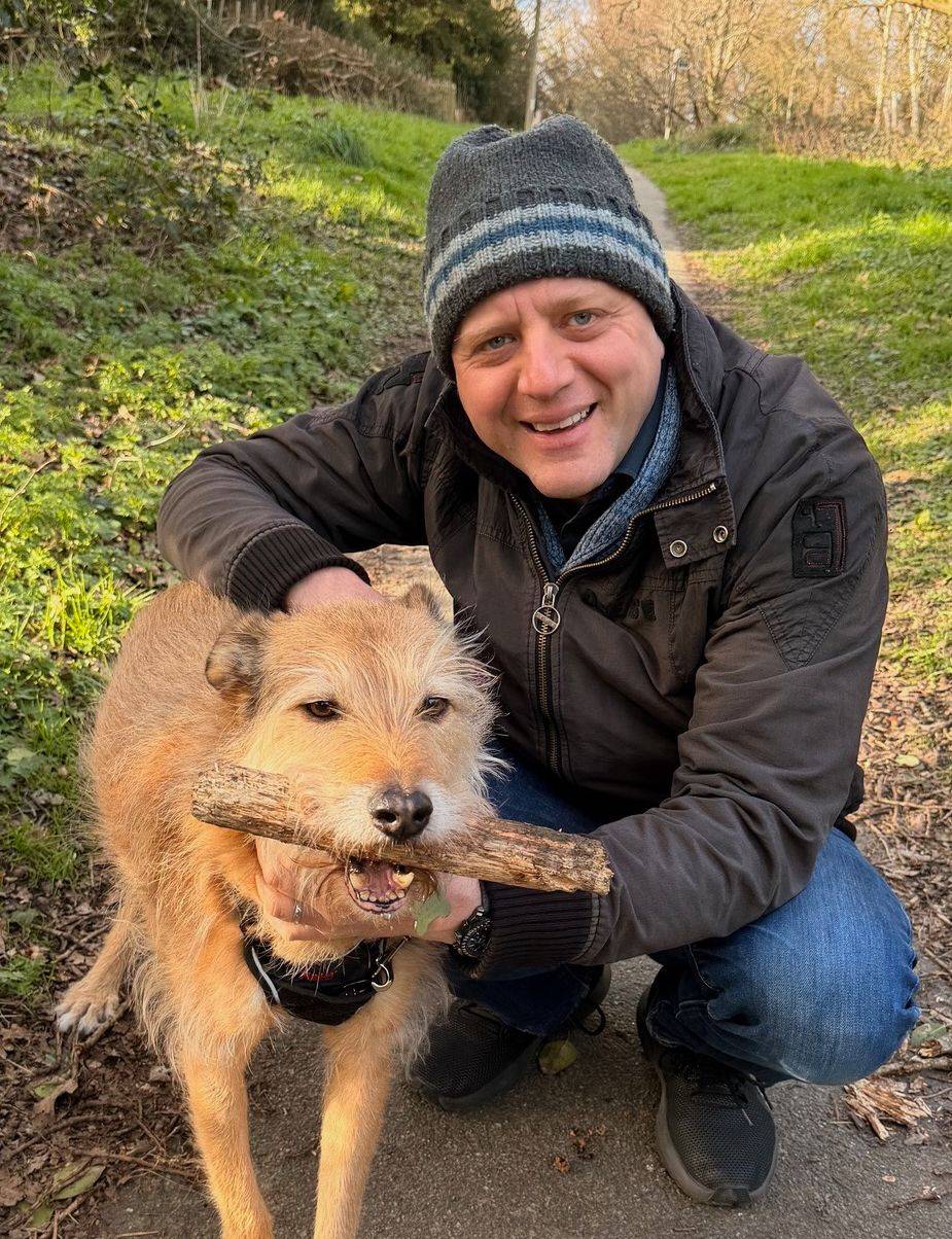 John El-Mokadem on a woodland walk with his dog