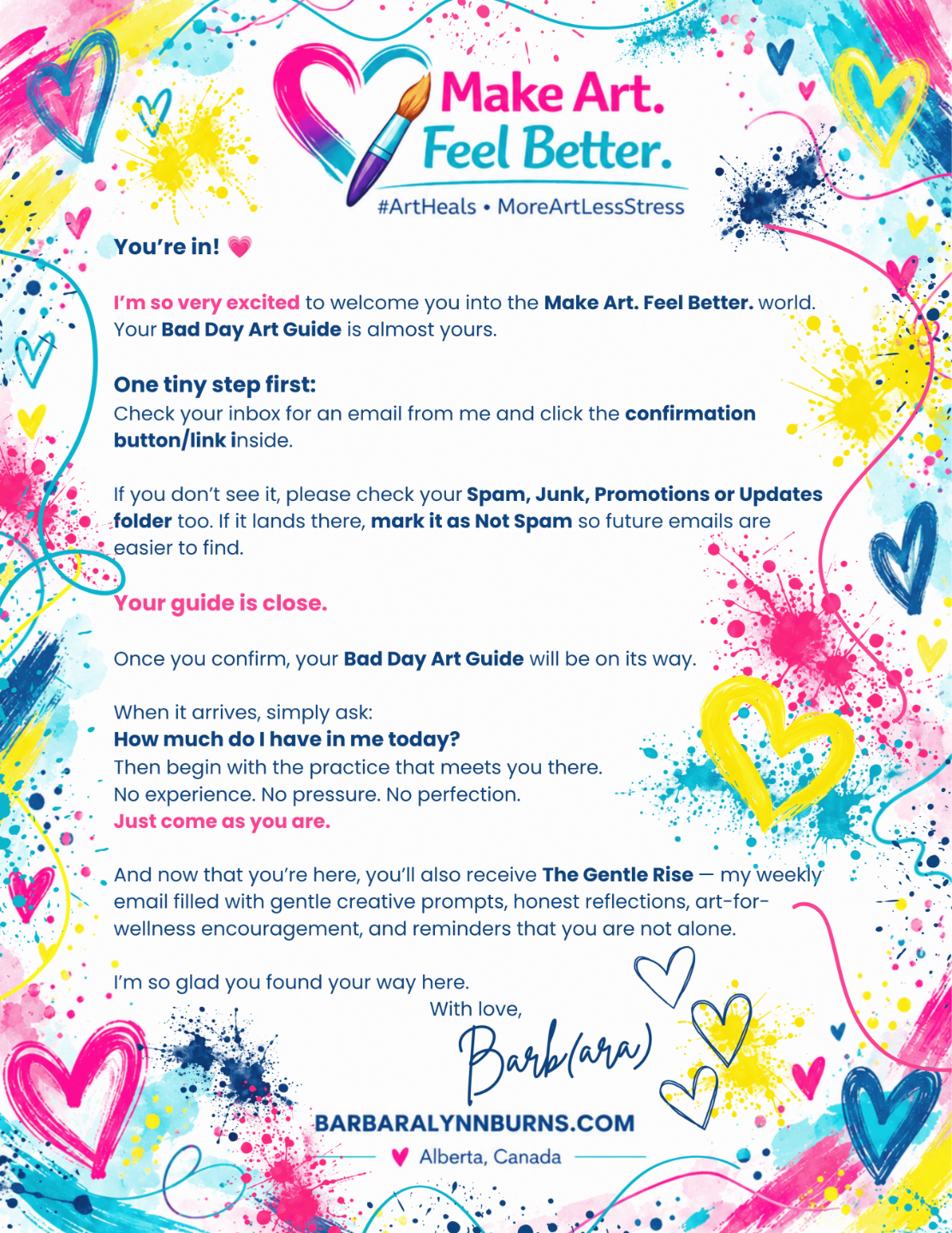 Welcome letter on Barbara Lynn Burns' "Make Art. Feel Better." letterhead