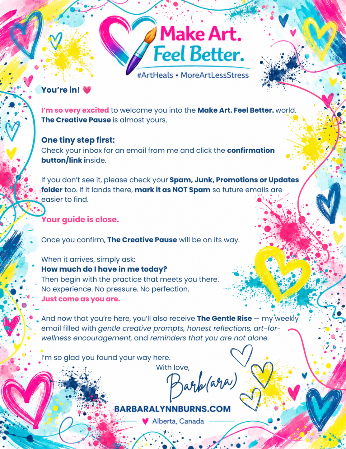Welcome letter on Barbara Lynn Burns' "Make Art. Feel Better." letterhead