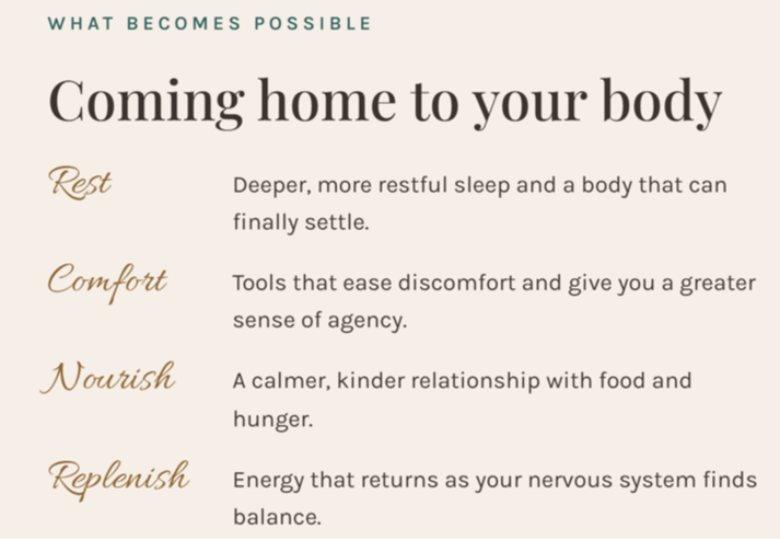 What becomes possible: Rest, deeper, more restful sleep and a body that can finally settle. Comfort, tools that ease discomfort and give you a greater sense of agency. Nourish, a calmer, kinder relationship with food and hunger. Replenish, energy that returns as your nervous system finds balance.