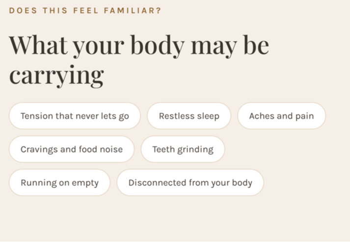 What becomes possible: Rest, deeper, more restful sleep and a body that can finally settle. Comfort, tools that ease discomfort and give you a greater sense of agency. Nourish, a calmer, kinder relationship with food and hunger. Replenish, energy that returns as your nervous system finds balance.
