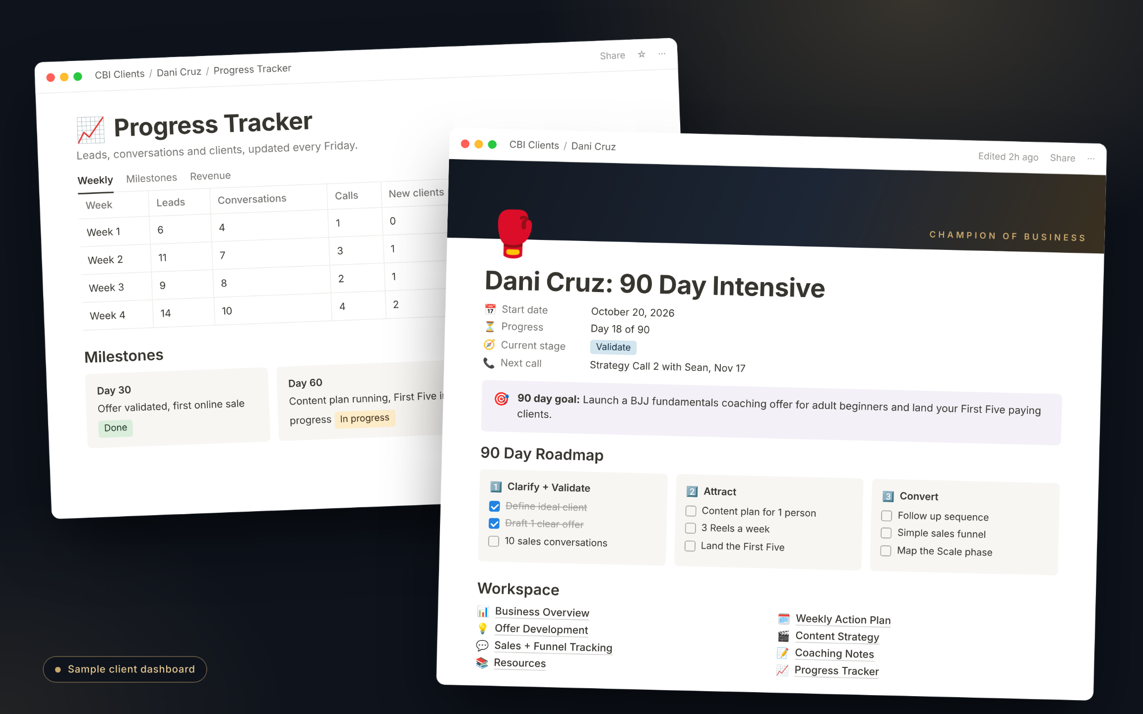 Sample Champion Business Intensive client dashboard in Notion