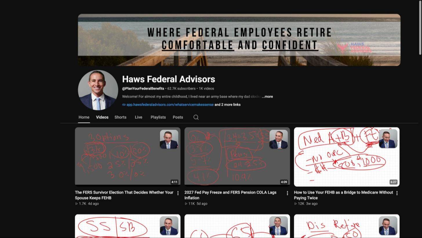 Haws Federal Advisors YouTube channel, 62.7K subscribers and over 1,000 videos on federal retirement