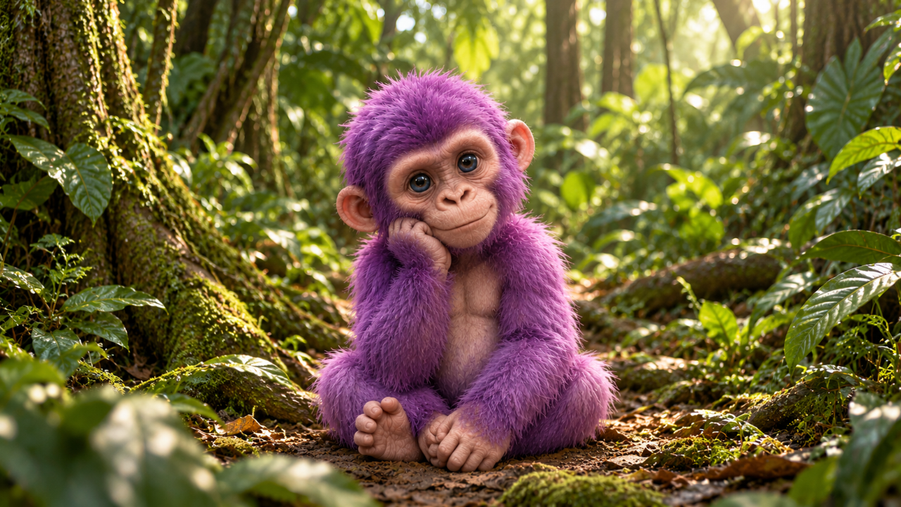 Plum the purple gorilla in the jungle. Click to watch.