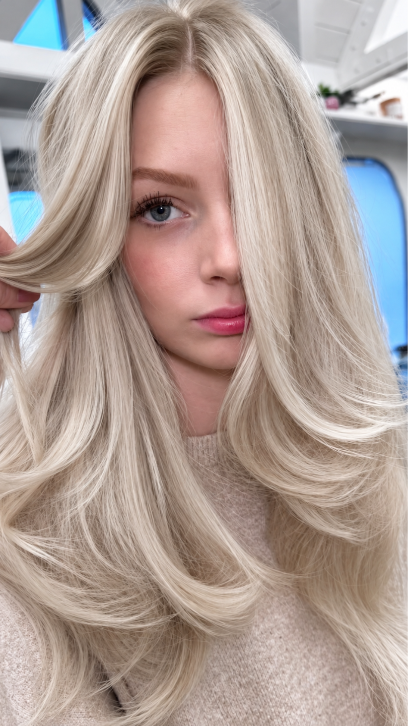 Bright creamy balayage blonde with a soft root