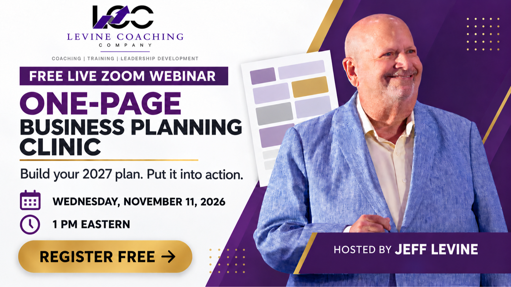 One-Page Business Planning Clinic with Jeff Levine, November 11, 2026 at 1 p.m. Eastern