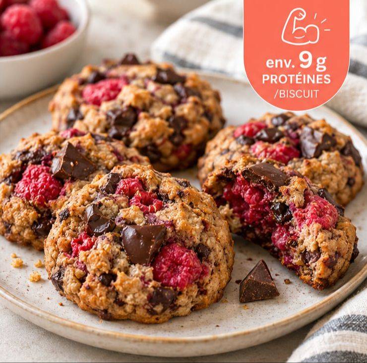 Biscuits chocolat, framboises et protéines (environ 9 g de protéines par biscuit)