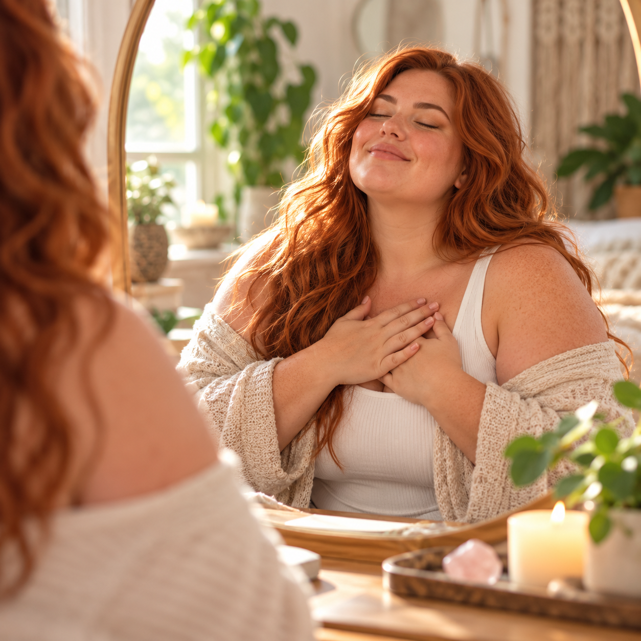 Woman with hands on her heart smiling at her reflection in a mirror, embracing self-compassion and body appreciation