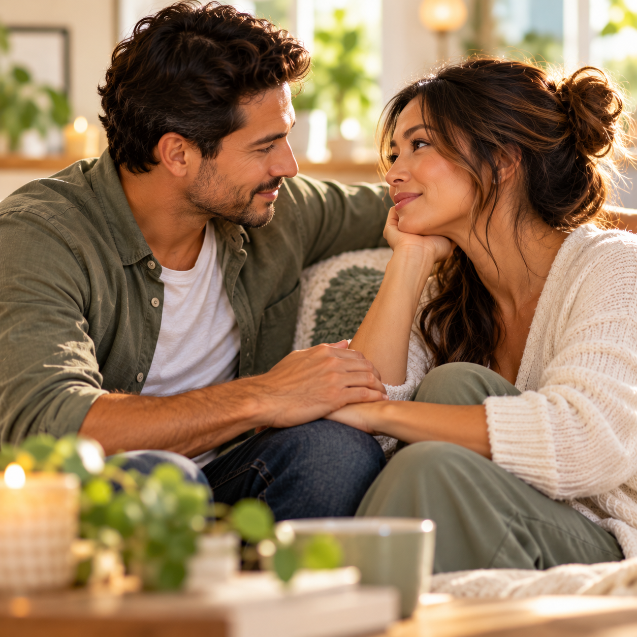 Couple sitting together on a couch, listening attentively to each other with warmth and presence